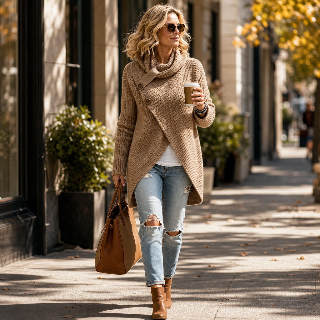 Cowl & Cozy – Asymmetric Cowl-Neck Button-Side Sweater