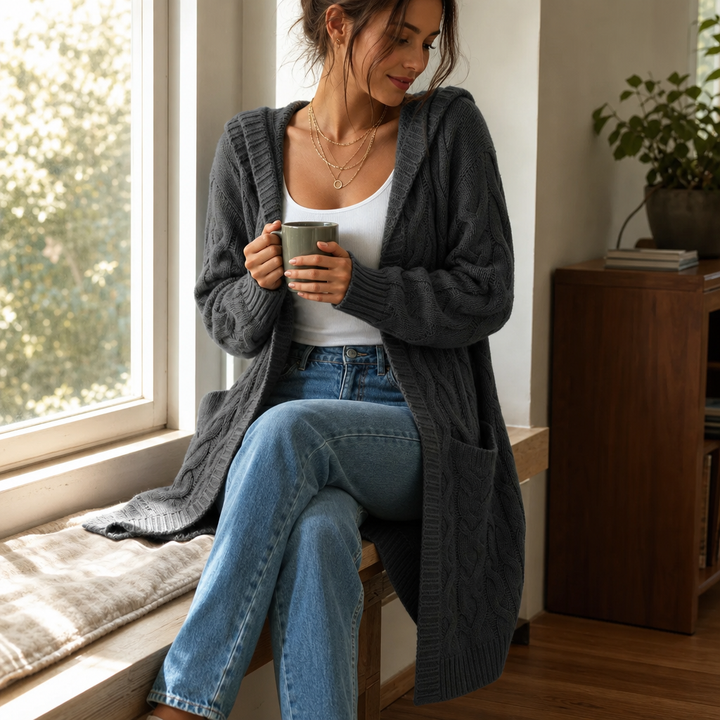 Wrapetta – Hooded Longline Cable-Knit Cardigan