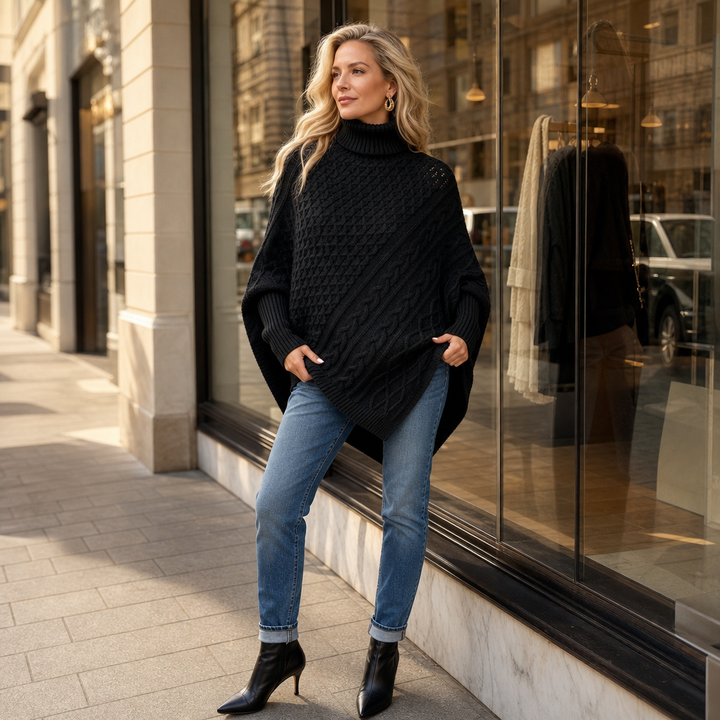 Cabelune – Cable-Knit Asymmetric Poncho Sweater
