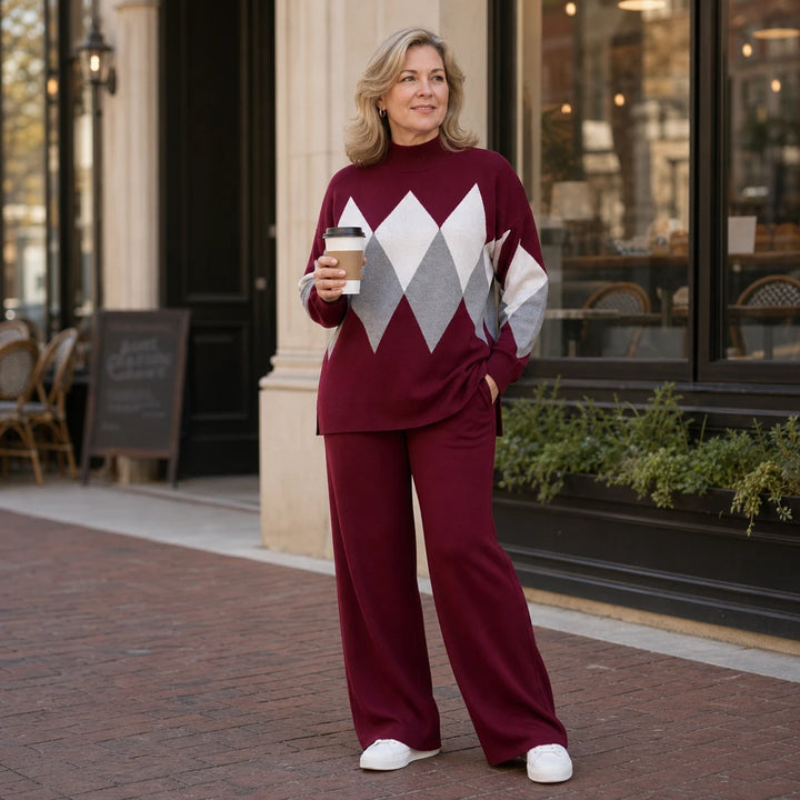 Argyle Ease – Argyle Knit Sweater And Wide-Leg Trouser Set