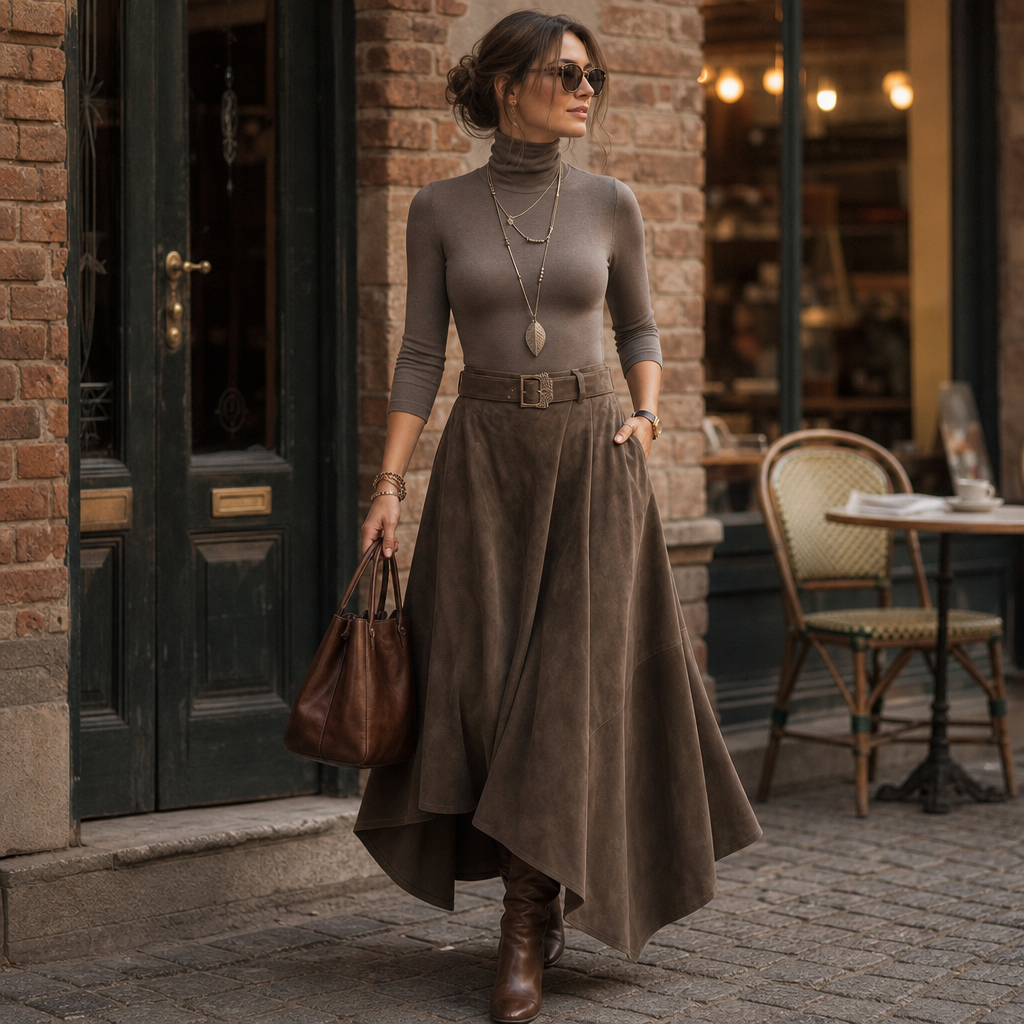 Sienna Fold – Asymmetrical Pleated Faux-Suede Skirt Set