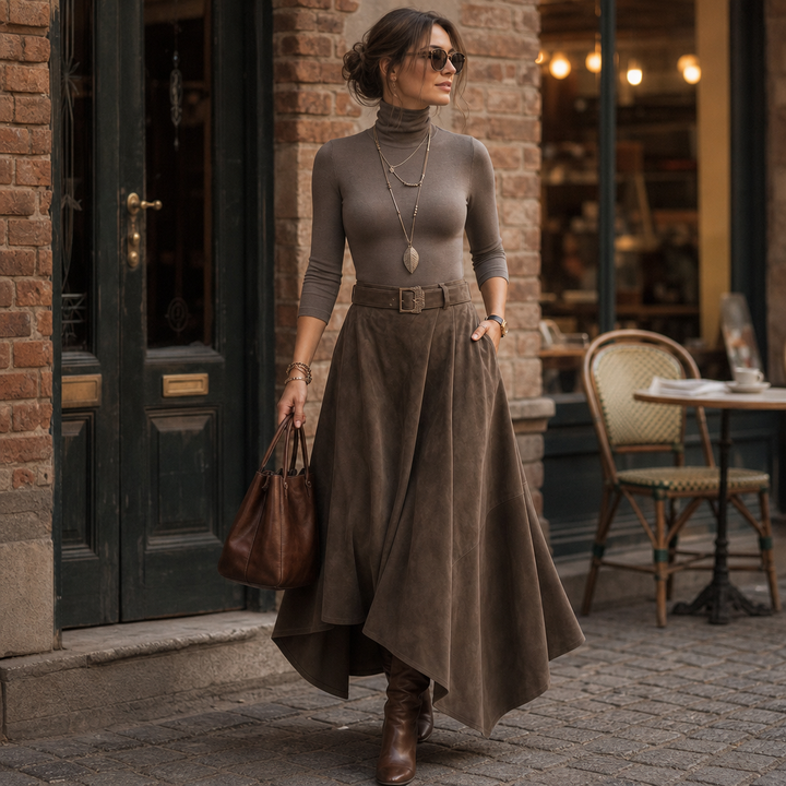 Sienna Fold – Asymmetrical Pleated Faux-Suede Skirt Set