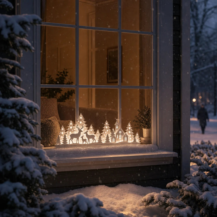 Deerwood Glow – LED Christmas Window Village With Deer
