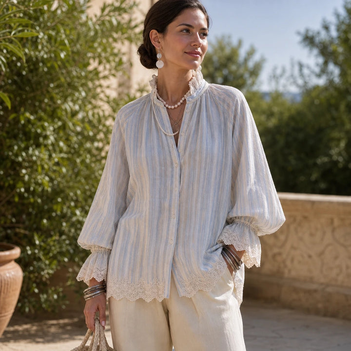 Lacey Lane – Striped Lace-Trim Linen-Blend Shirt