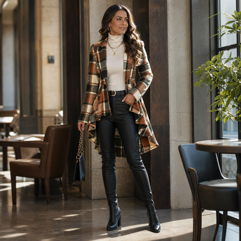 Wearbella – Cinched-Waist High-Low Plaid Peplum Coat