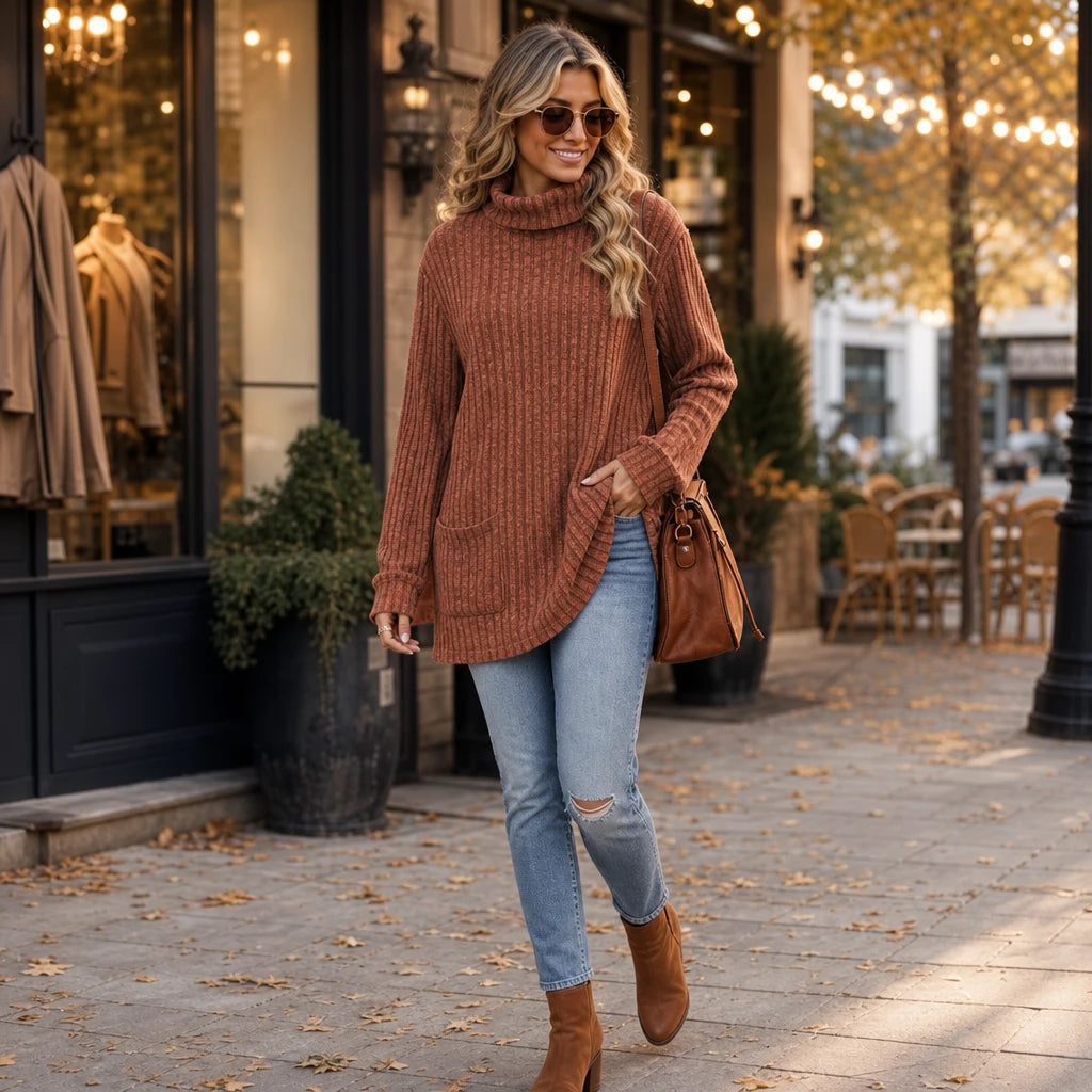 Cozyline – Ribbed Mock Neck Pocket Tunic