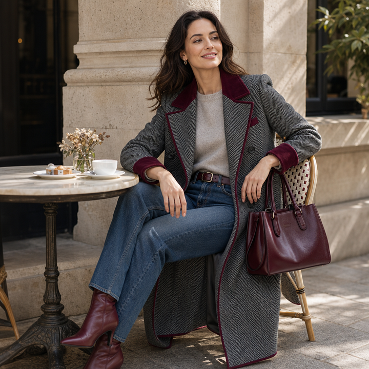 Veloura – Burgundy Herringbone Long Coat