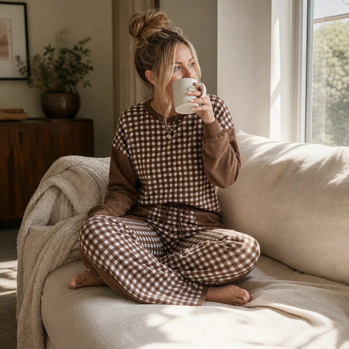 Gingham Ease – Gingham Long-Sleeve Top And Wide-Leg Pants Set