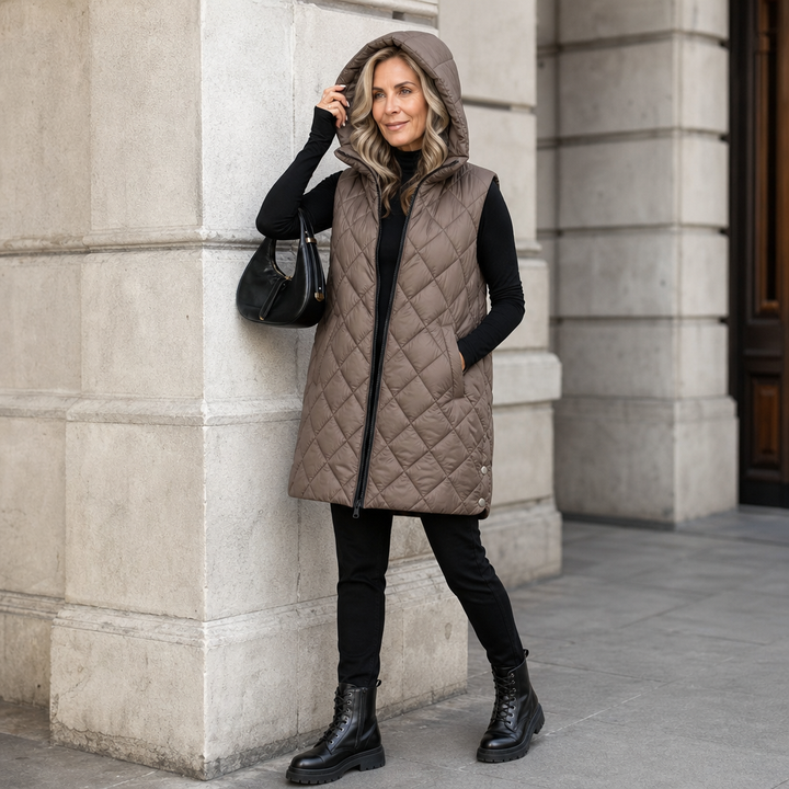 Quilted Ease – Square-Quilted Longline Hooded Vest