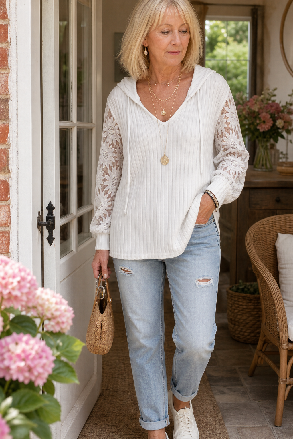 Lunetta – Lace Sleeve Ribbed Knit Hoodie Cardigan