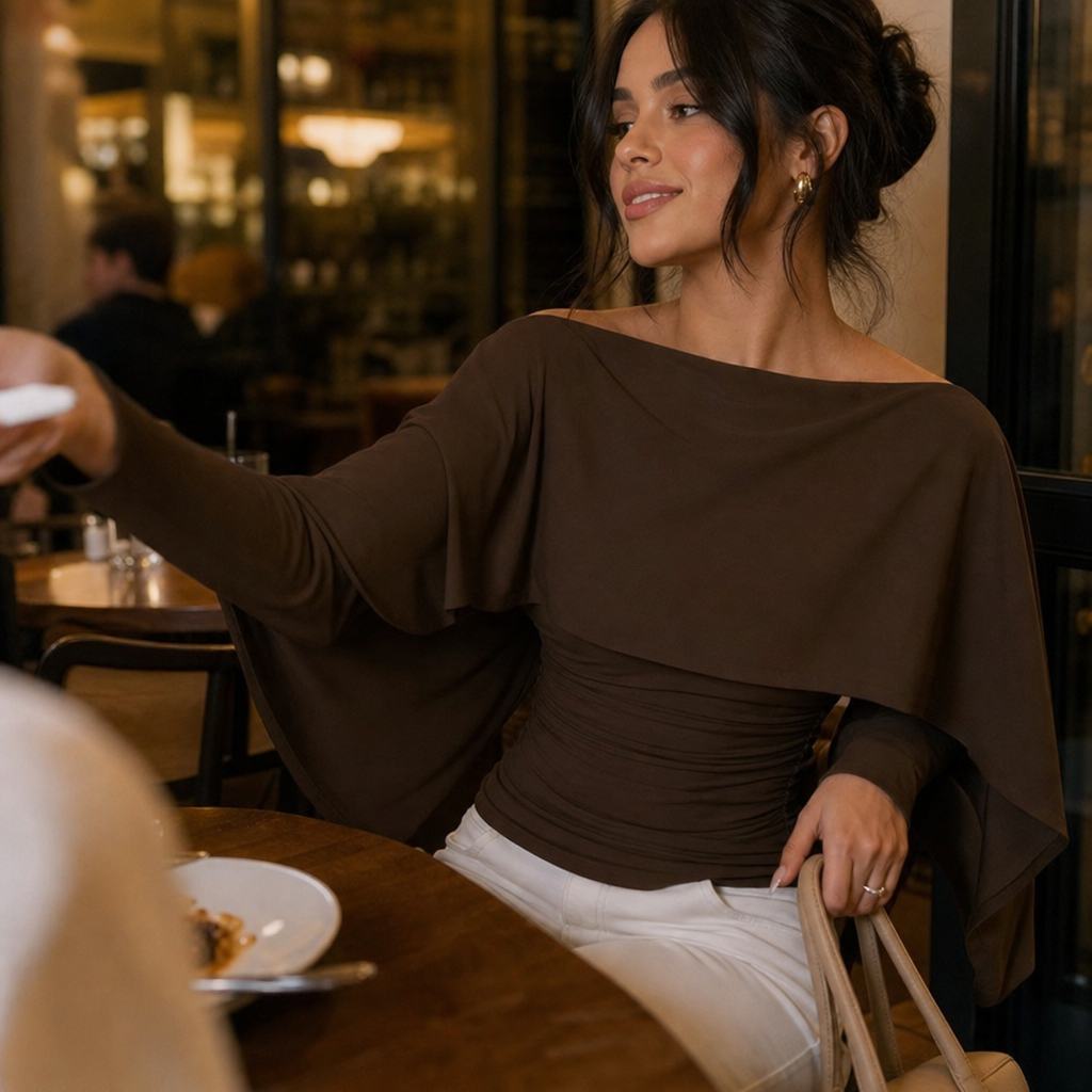 Wearbella – Cape Overlay Ruched Batwing Top
