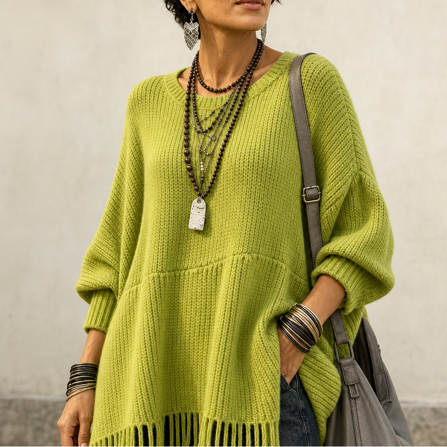 Limehaven – Textured Fringe Batwing Knit Poncho