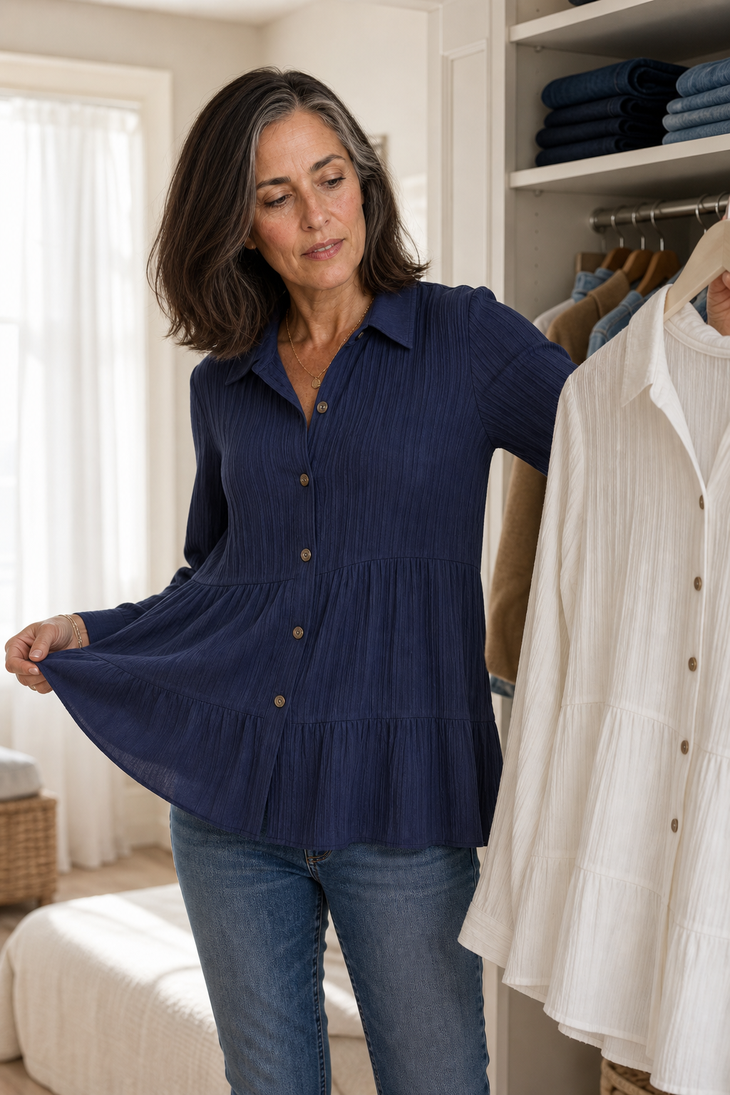 Fallwell – Crinkle Tiered Long Sleeve Tunic Top
