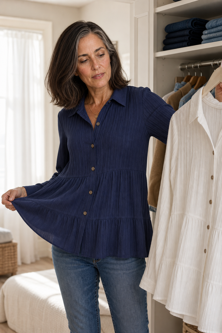 Fallwell – Crinkle Tiered Long Sleeve Tunic Top