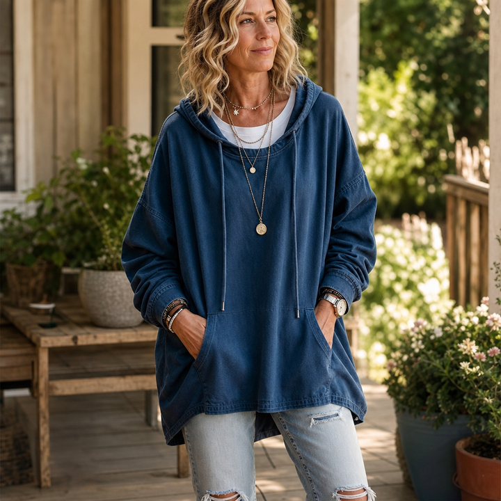 Denim Ease – Washed Oversized Denim-Look Hoodie