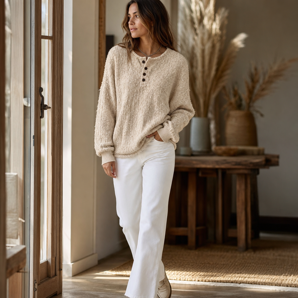 Autumbre – Mélange Chunky Knit Button Henley Sweater