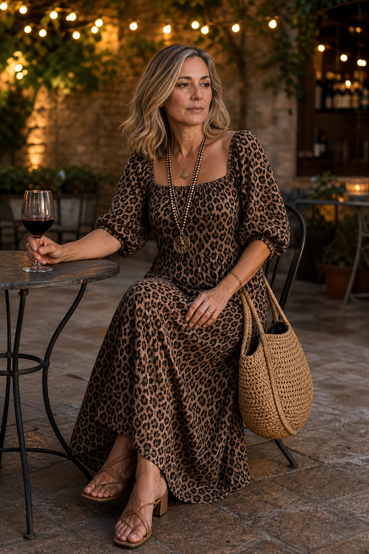 Wearbella – Coffee Leopard Square Neck Maxi Dress