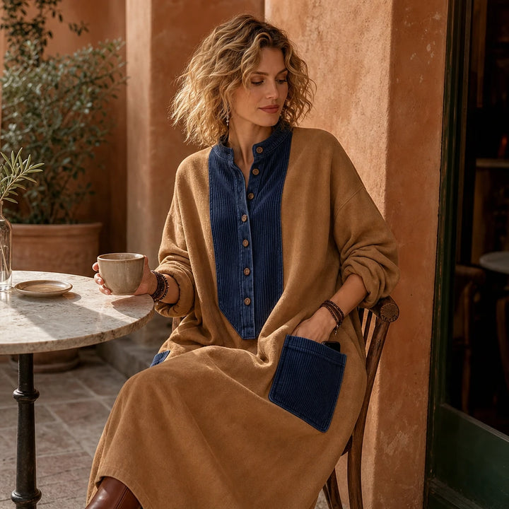 Boho Casual Cozy Colorblock Faux Suede Maxi Dress