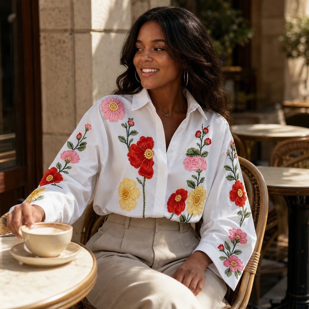 Lunabloom – Floral Embroidered Lapel-Collar Blouse