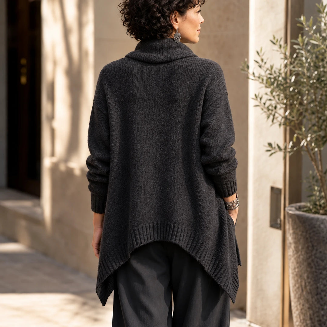 Velora – Asymmetric Draped High-Collar Knit Pullover