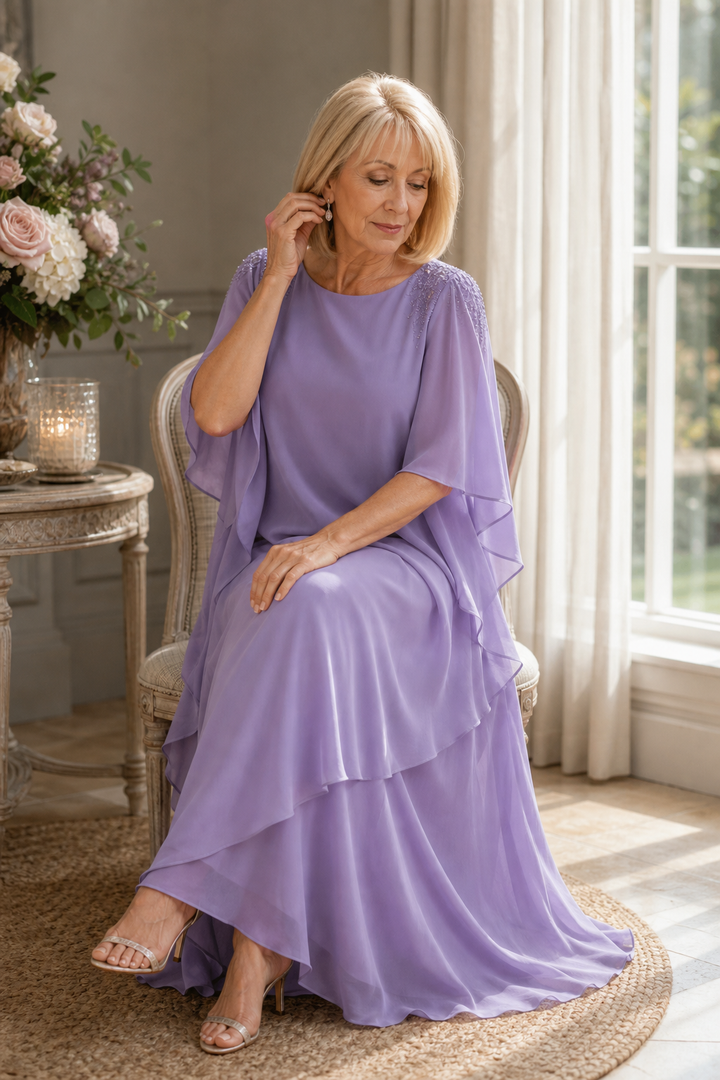 Vellamora – Cape Sleeve Layered Chiffon-Look Evening Gown