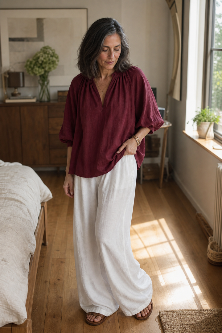 Amselle – Ruched Collar Blouse And Wide Leg Pants Set