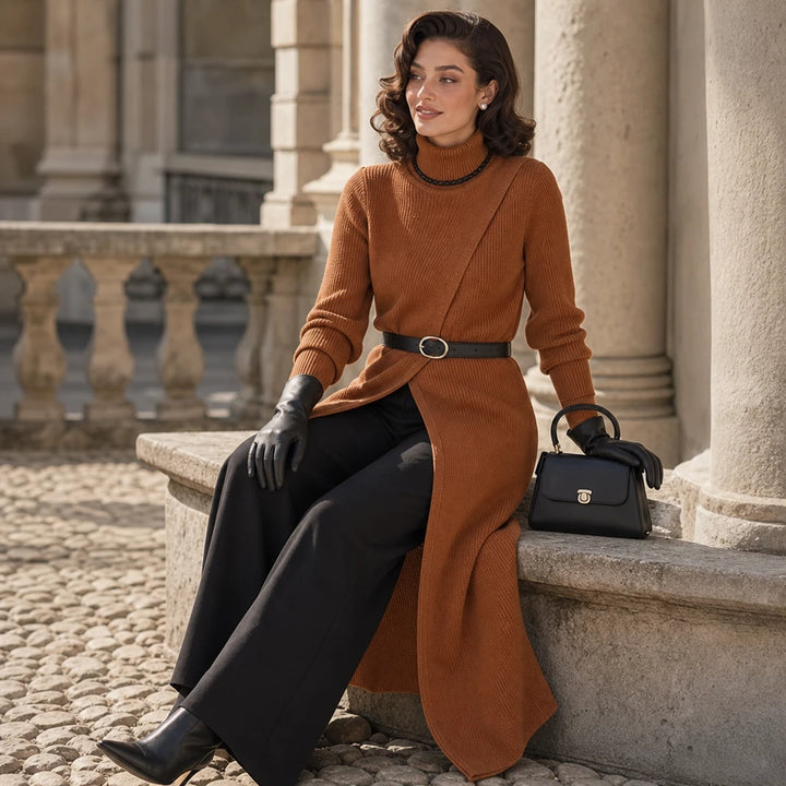 Linevera – Pit-Stripe Ribbed Asymmetric Turtleneck Top
