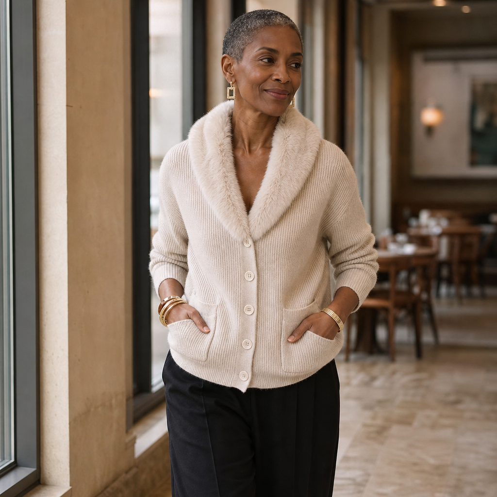 Shaguna – Shaggy Collar Ribbed Knit Cardigan
