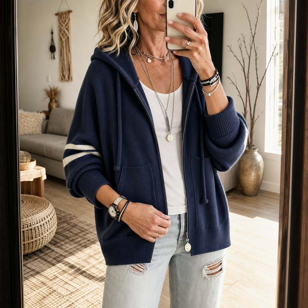 Wearbella – Striped-Sleeve Drop-Shoulder Zip Hoodie