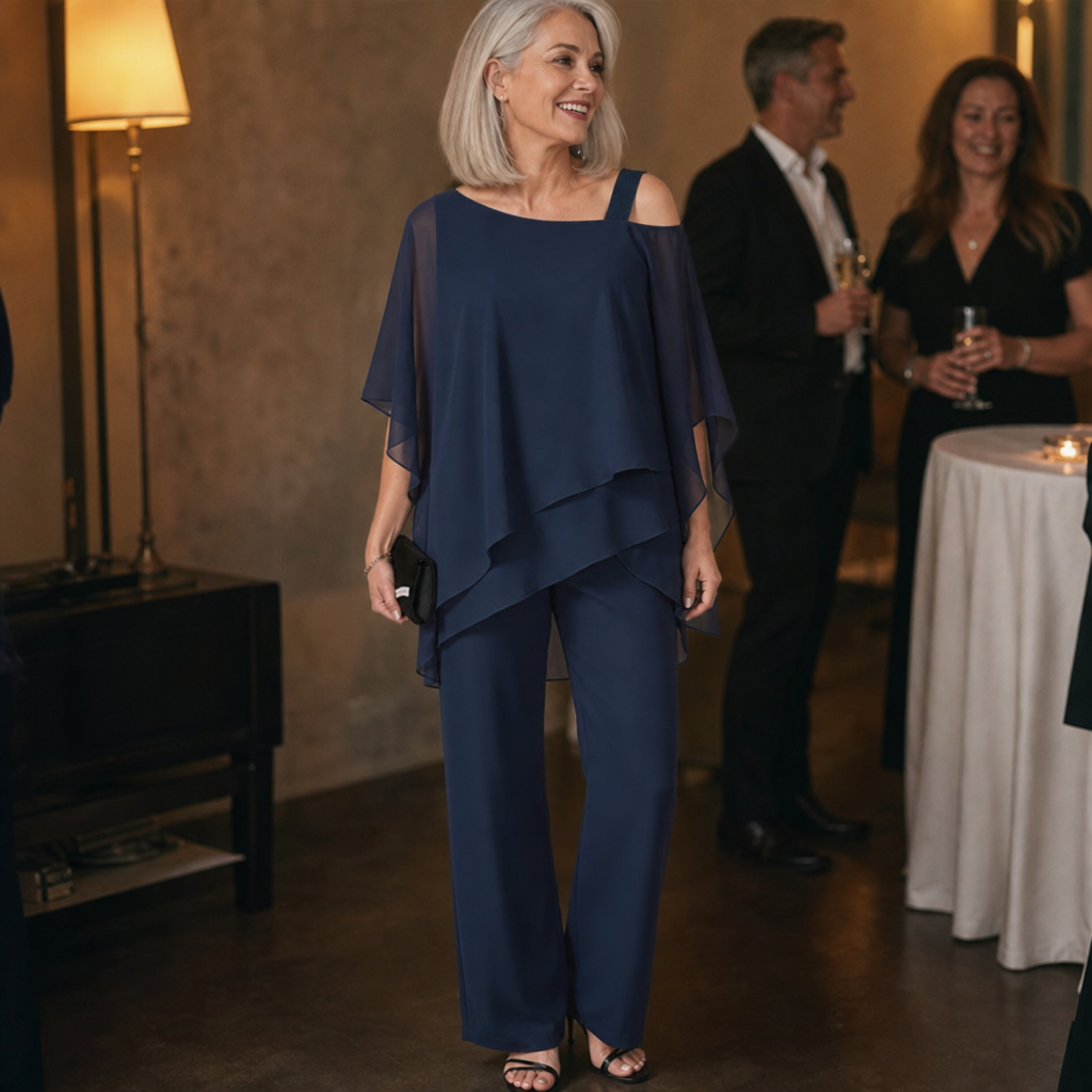 Elowen – Asymmetrical Chiffon Overlay Wide-Leg Pants Set