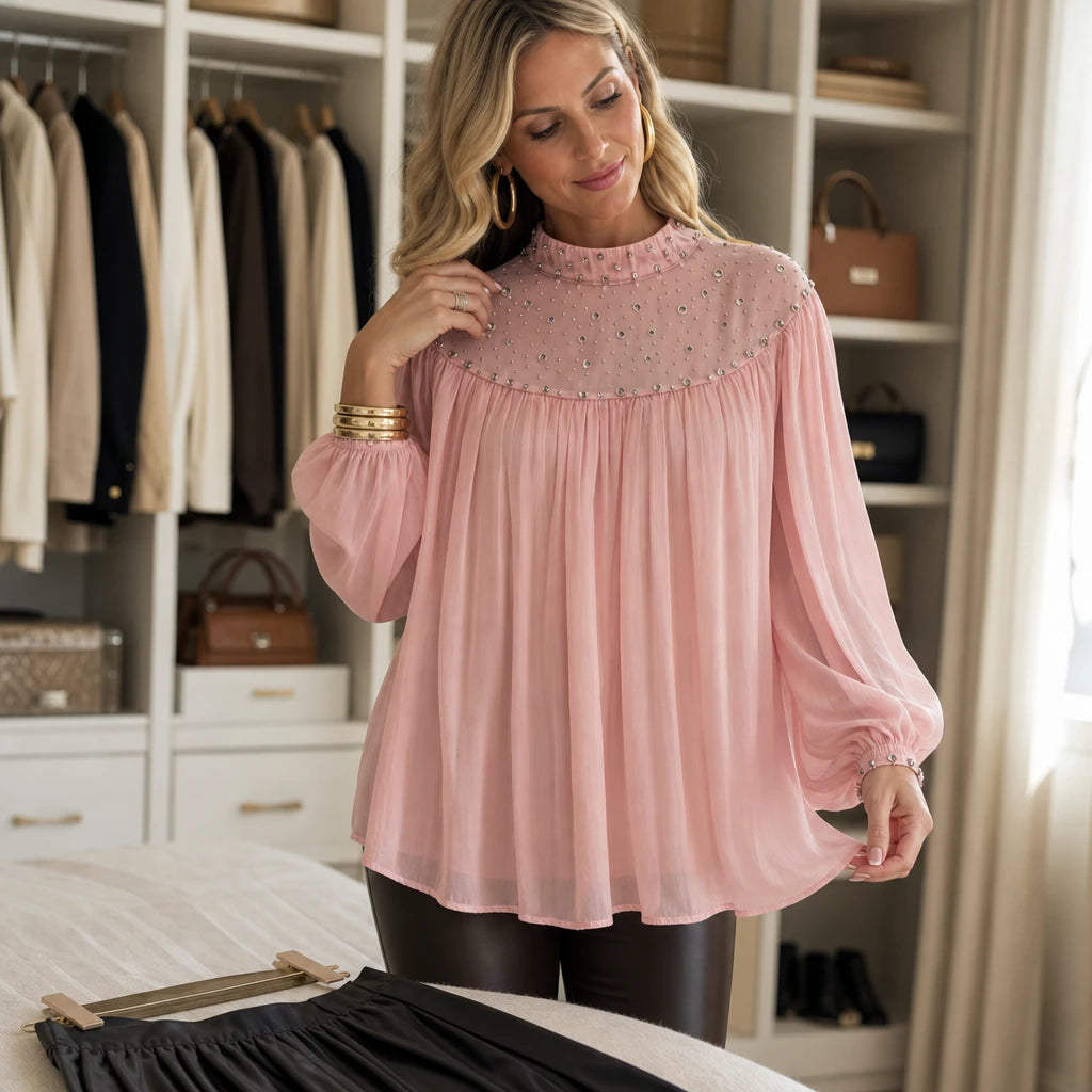 Lumière – Pearl-Embellished Chiffon Party Top