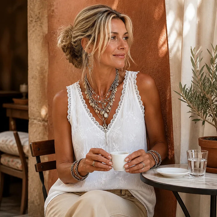Solayne – White Lace V Neck Embroidered Look Tank Top for Women