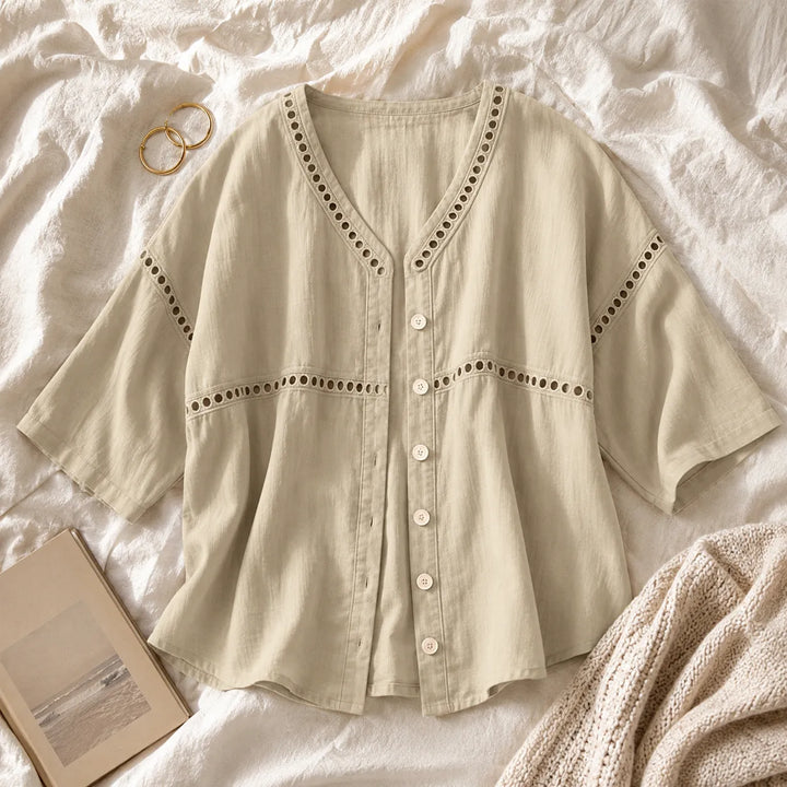 Loralee – Women's Lace Look-Trim Button-Up Blouse with Soft V-Neck Drape