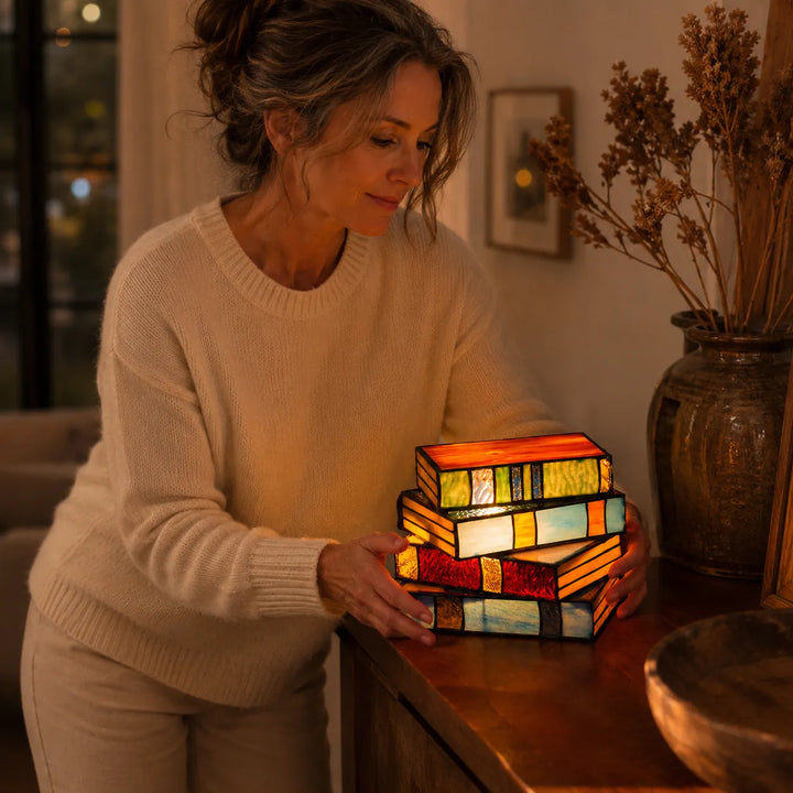Lumira – Stained Glass Book Stack Table Lamp for Bedside & Reading Book