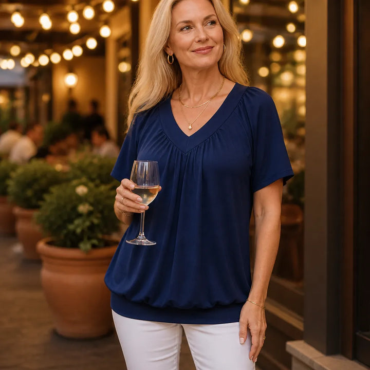 Velora – Pleated V-Neck Tunic Top for Women, Soft Drape Casual Blouse