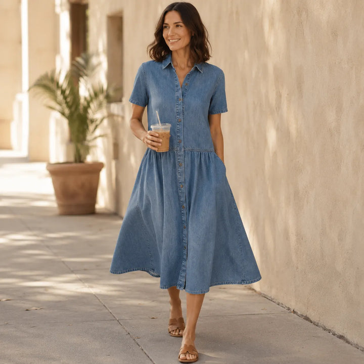 Everly – Shirt Dress with Pockets A-Line Midi Button Front