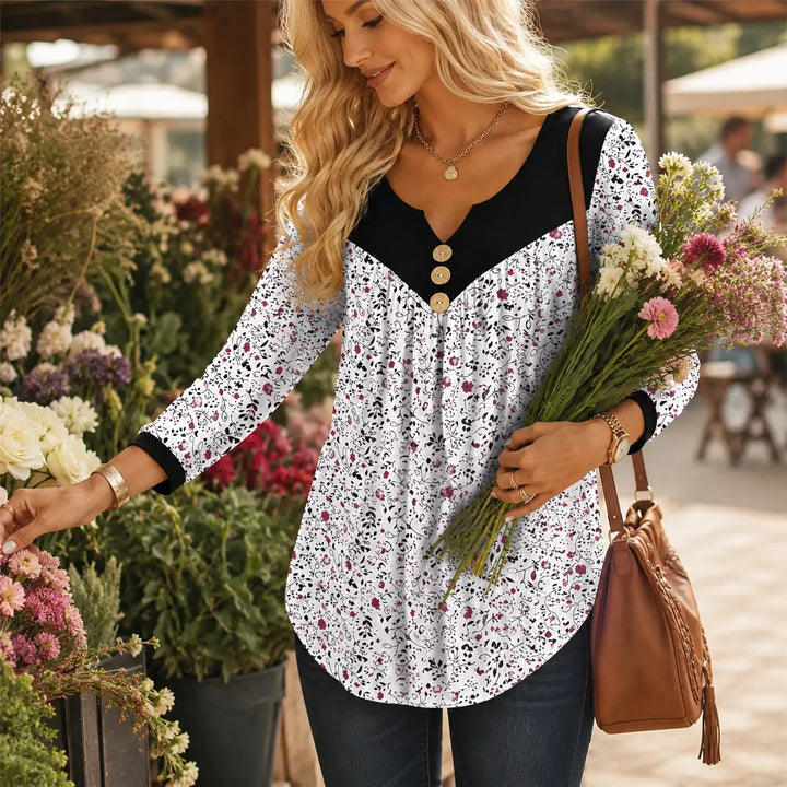 Evelora – Floral V-Neck Tunic Top with Button Yoke