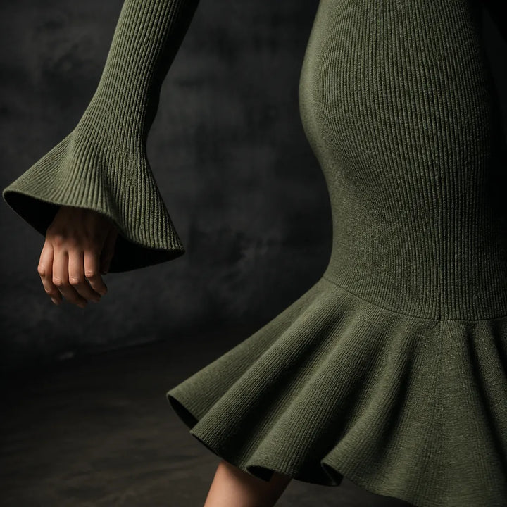 Selara – Ribbed Fishtail Knit Midi Dress with Half-Zip Collar