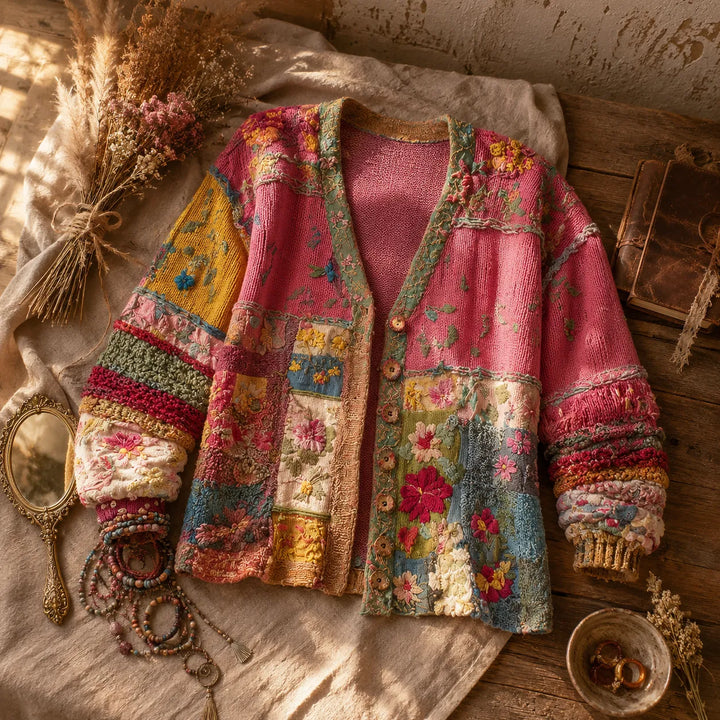 Solenne – Embroidered Look Floral Patchwork Boho Cardigan