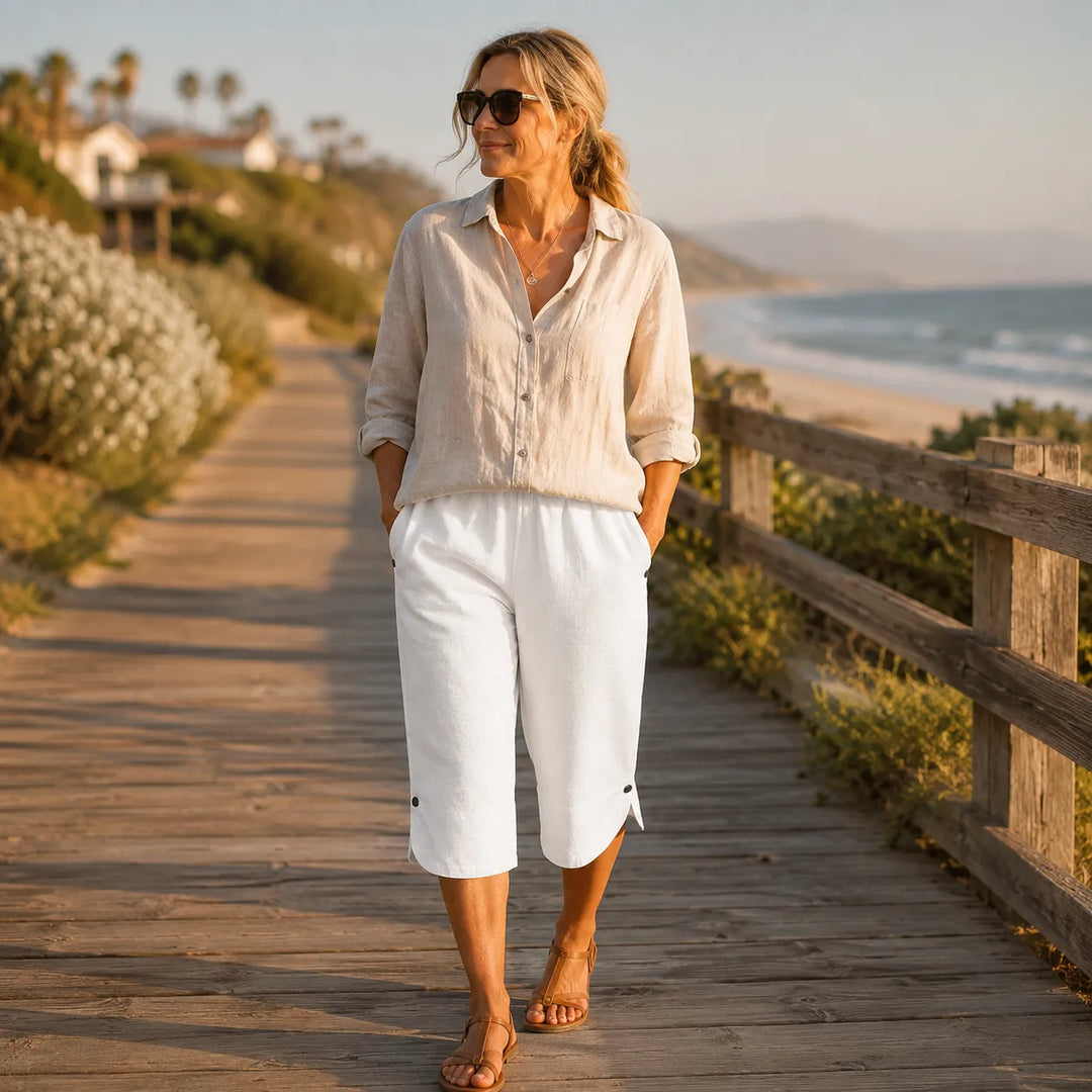 Brisana – Lightweight Linen-Look Capri Pants for Women  Soft Elastic Waist