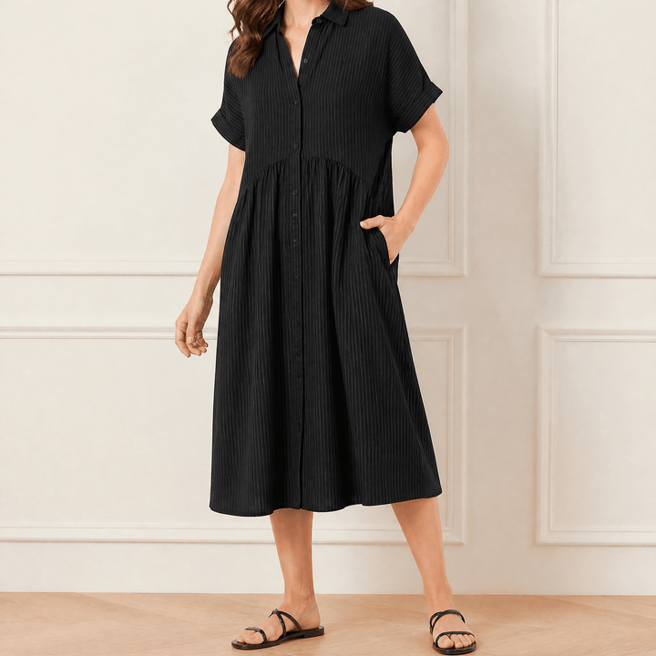 Linara - Striped Midi Shirt Dress with Pockets black