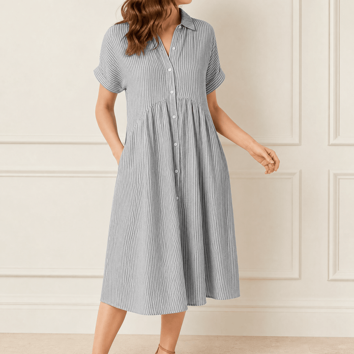 Linara - Striped Midi Shirt Dress with Pockets grey