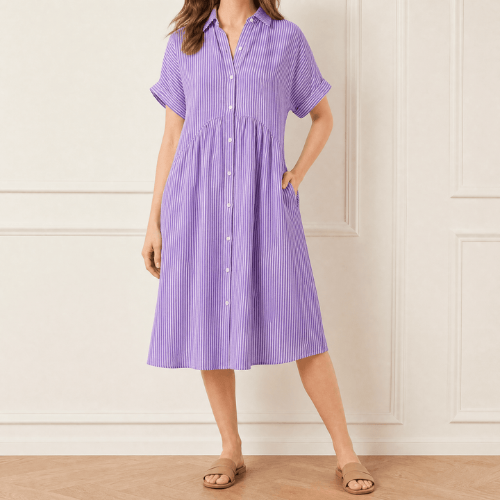 Linara - Striped Midi Shirt Dress with Pockets purple