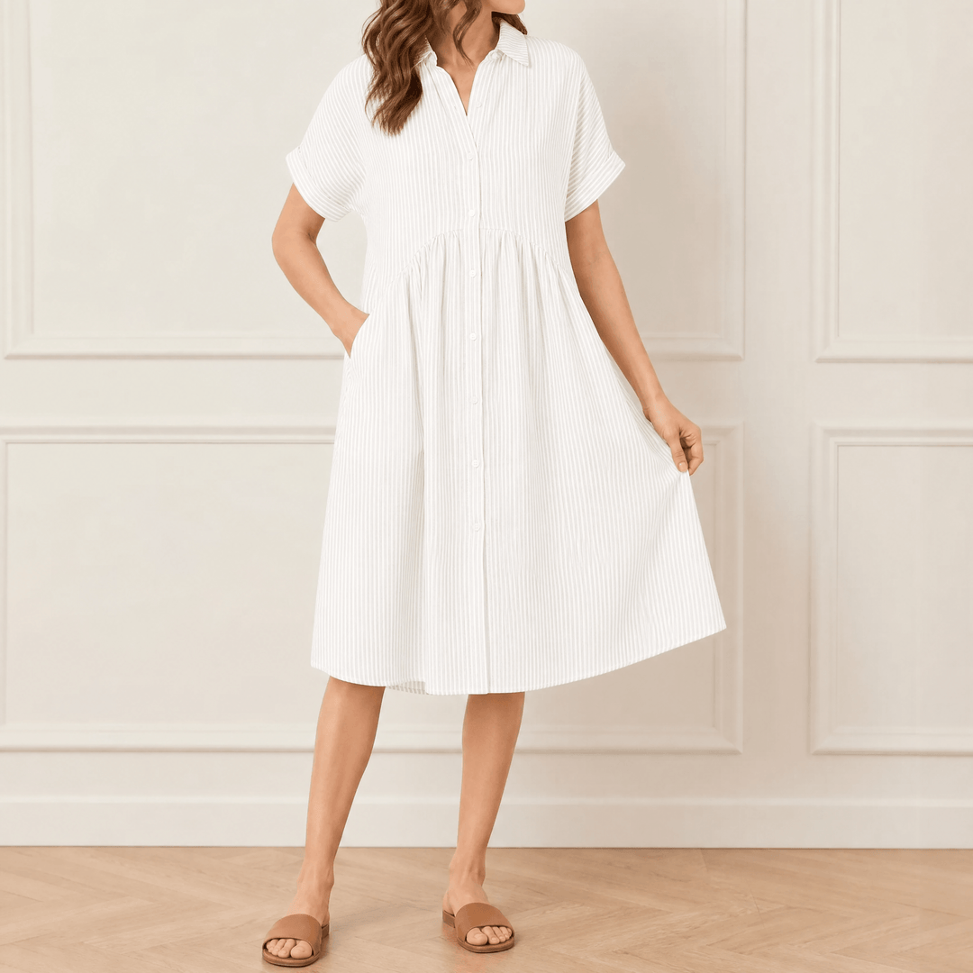Linara - Striped Midi Shirt Dress with Pockets white