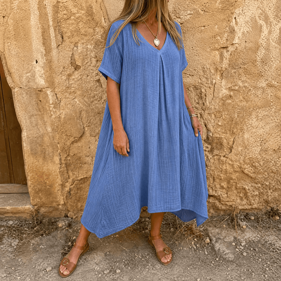 Linara – Women's Breezy Cotton Linen V-Neck Dress Blue