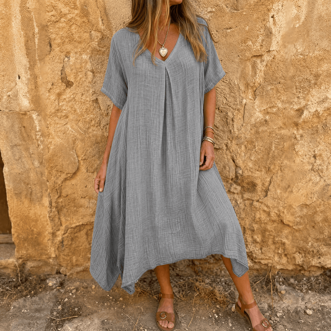 Linara – Women's Breezy Cotton Linen V-Neck Dress Gray