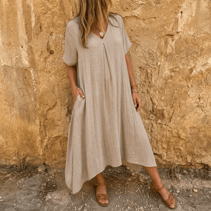 Linara – Women's Breezy Cotton Linen V-Neck Dress Khaki
