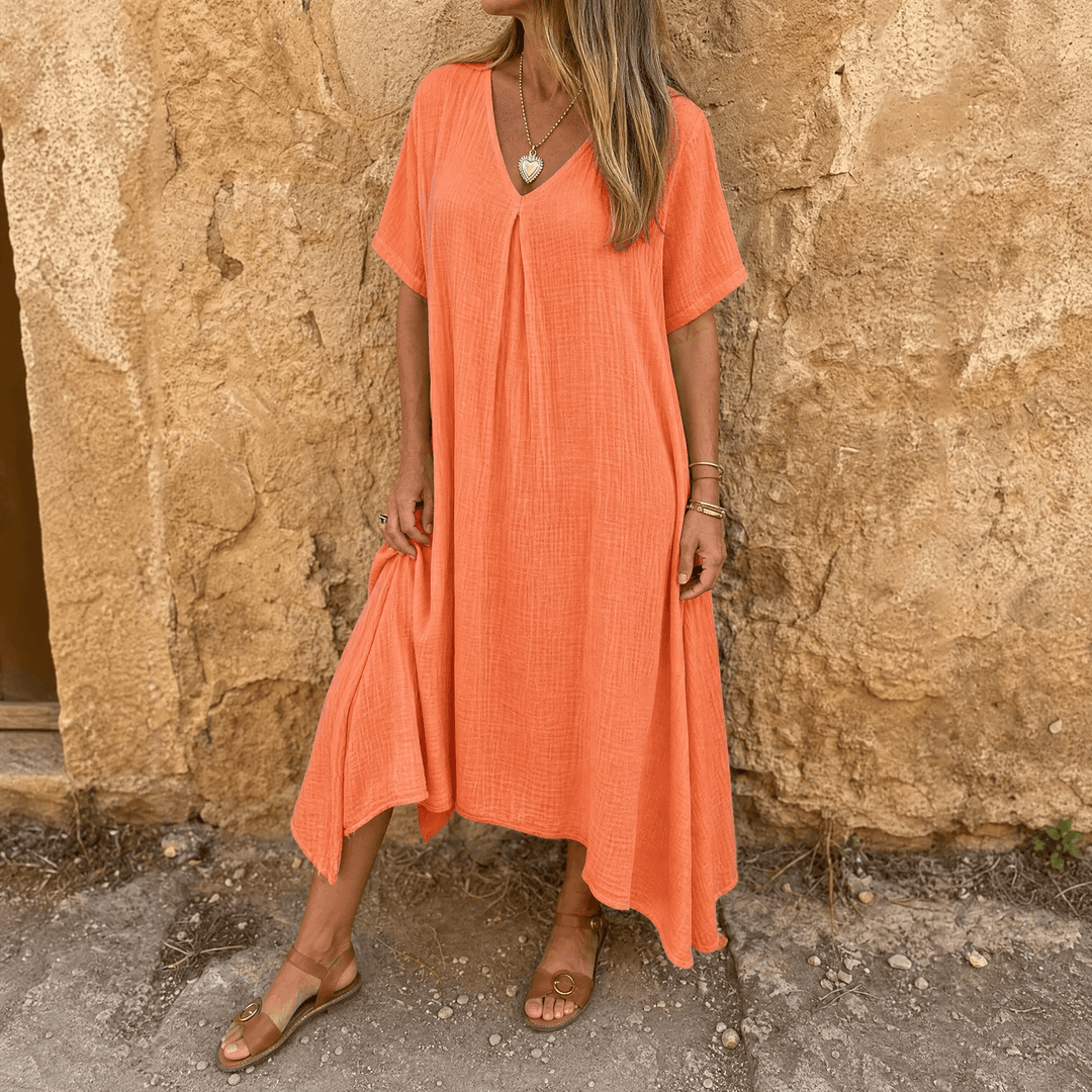 Linara – Women's Breezy Cotton Linen V-Neck Dress Orange
