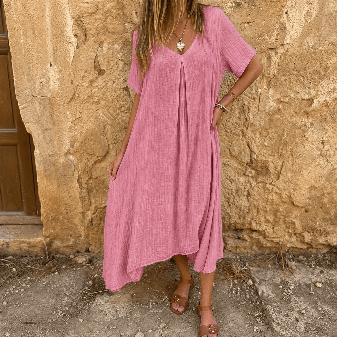 Linara – Women's Breezy Cotton Linen V-Neck Dress Pink