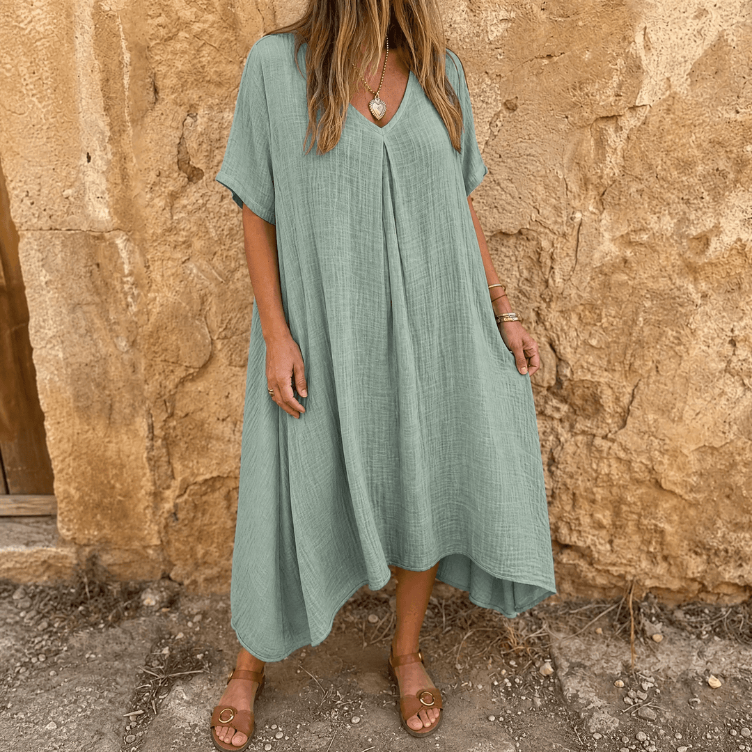 Linara – Women's Breezy Cotton Linen V-Neck Dress Sage